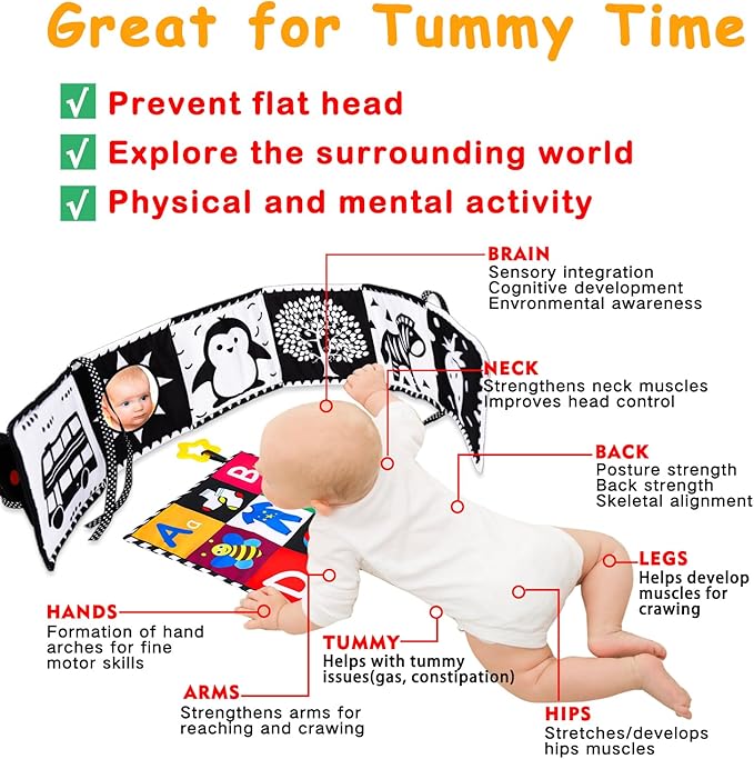 4 PCS Black and White High Contrast Baby Toys 0-3-6 Months Newborn Essential Montessori Toy for Babies Crinkle Sensory Book Brain Development Tummy Time Mirror Infant Carseat Rattle Easter Shower Gift