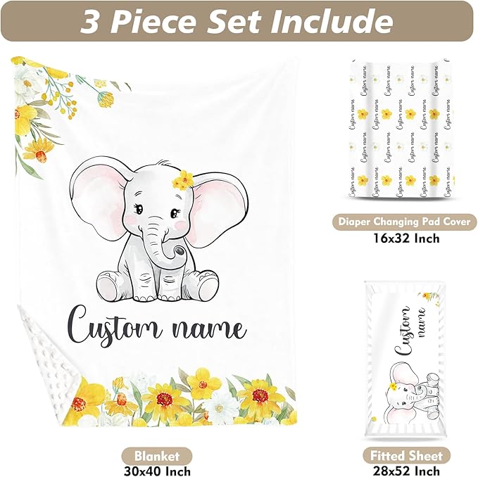 Custom Name Crib Bedding Set - Elephant Pattern, Personalized Yellow Floral Nursery Bedding 3-Piece Set– Soft Blanket, Fitted Sheet, Changing Pad Cover – for Newborns Girls Nursery Gifts
