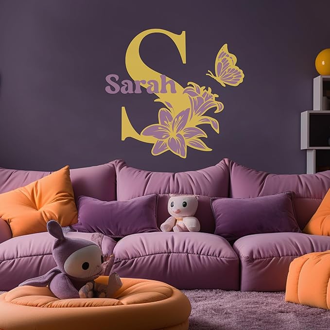CRYPTONITE Custom Name & Initial with Lily and Butterfly I Flower Wall Decals for Bedroom Decor | Custom Decal for Girl Bedroom Decor I Pink Room Decor for Little Girl Room Decor (B. Flower)