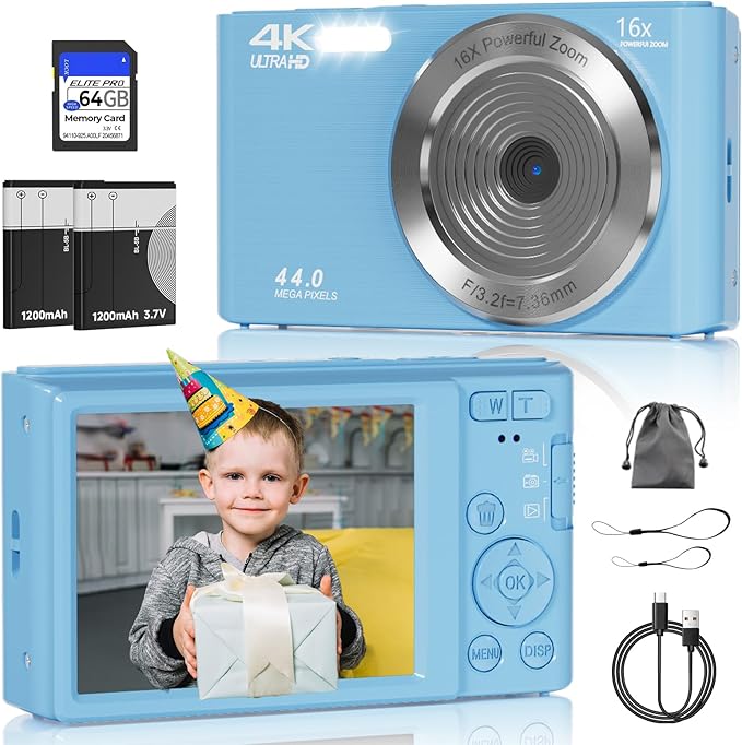 Digital Camera, FHD 4K 44MP Digital Camera, 16X Digital Zoom, Digital Point and Shoot Camera with 3-LED Fill Lights, 64GB SD Card, Compact Camera for Kids Teen Boys Girls, Blue