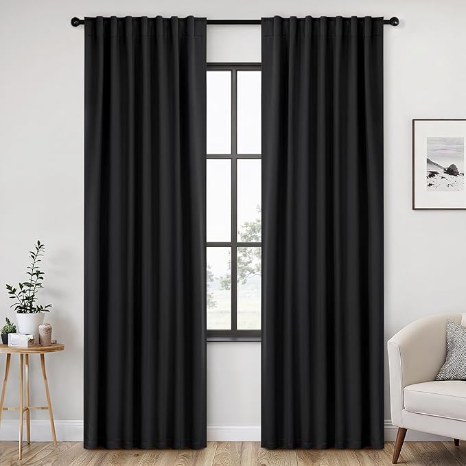 ANRODUO Back Tab Blackout Curtains for Bedroom Living Room, Rod Pocket Pinch Pleated Thermal Insulated Room Darkening Curtains 90 Inches Long 2 Panels, Black, 52 x 90 Inch