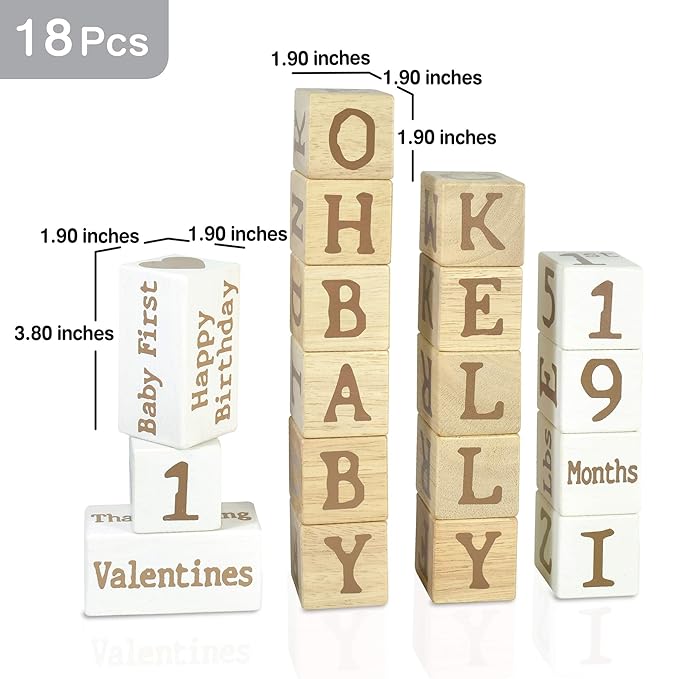 I'm Solid Wood Monthly Weekly Baby Milestone Age Blocks, Personalized Own Name, Gender Neutral, Newborn Gifts & Keepsakes for Picture Props (1.9" / 18 Pcs/Brown)