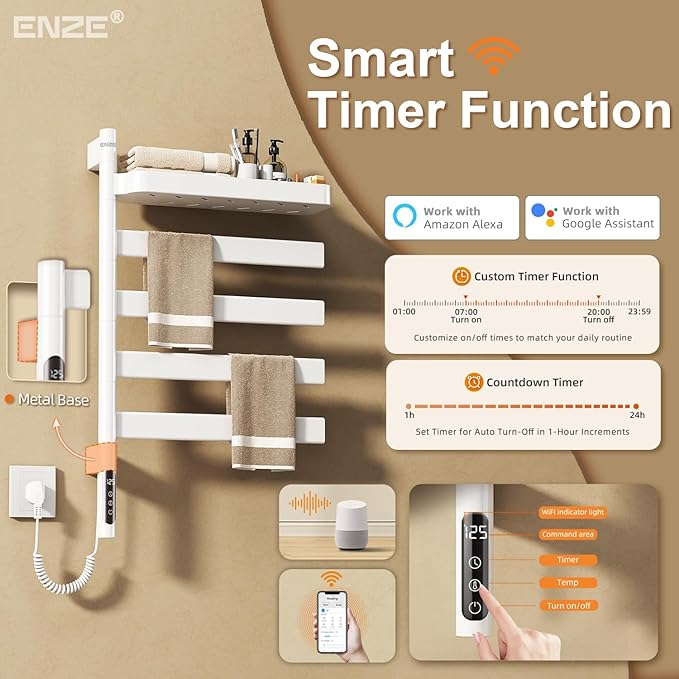 ENZE Smart Rotating Heated Towel Rack for Bathroom, Wall-Mounted Electric Towel Dryer with Swivel Bars & Shelf, Smart Timer, Low Carbon Steel, Plug-in/Hardwired, Towel Warmer with Wi-Fi App Control