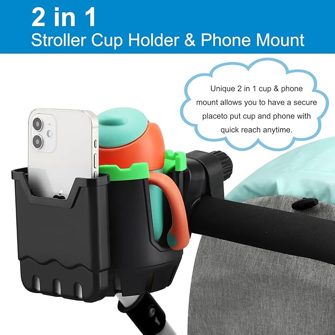 Accmor Stroller Cup Holder with Phone Holder, Universal Cup Holder, Bike Cup Holder, 360° Rotatable Large Caliber Drinks Holder for Stroller, Bike, Wheelchair, Walker