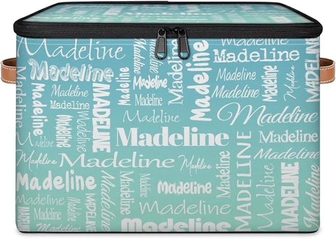 Custom Storage Basket with Name, Personalized Storage Bins with Zipper Lid, Foldable Fabric Storage Box Large capacity with Handle Grey Blue Green