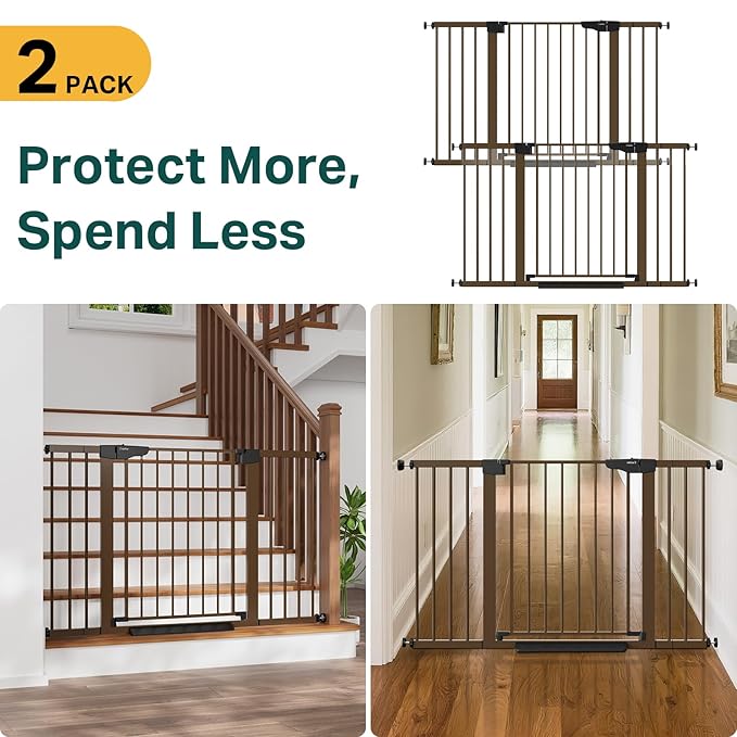 Cumbor 2 Pack 29.7"-51.5" Extra Wide Baby Gate for Stairs, Mom's Choice Awards Winner-Dog Gates for Doorways, Pressure Mounted Walk Through Pet Gate Indoor, Safety Auto-Close Child Gate for Kid,Brown