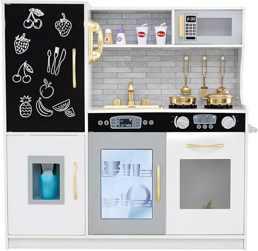 HONEY JOY Kids Kitchen Playset, Wooden Little Chef Pretend Toy Kitchen Set w/Chalkboard, Telephone, Utensils, Oven, Microwave, Sink, Storage, Play Kitchen for Toddlers Boys Girls, White Golden