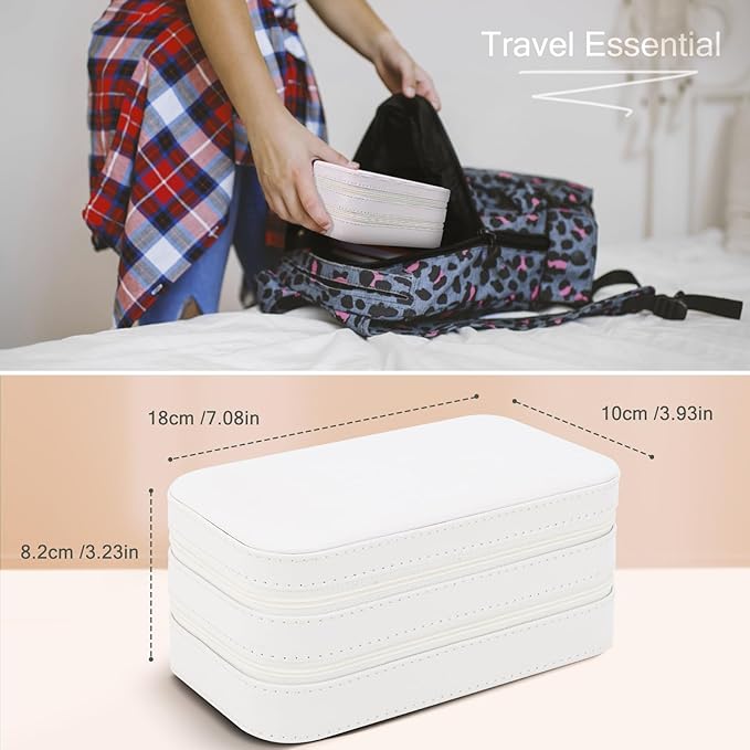 DesignSter Small Travel Jewelry Box with Double Zipper, 2 Layers PU Portable Jewelry Case for Women and Girls,Travel Jewelry Organizer for Rings, Earrings, Necklaces, Bracelets,Beige