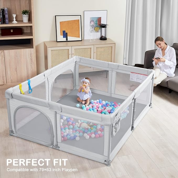 ANGELBLISS Baby Playpen, 79"x 63"x 1.18" Self-Inflating Play Mat for Babies and Toddlers, Roll Up & Waterproof Foam Crawling Mat, Portable Playmat with Travel Bag Grey