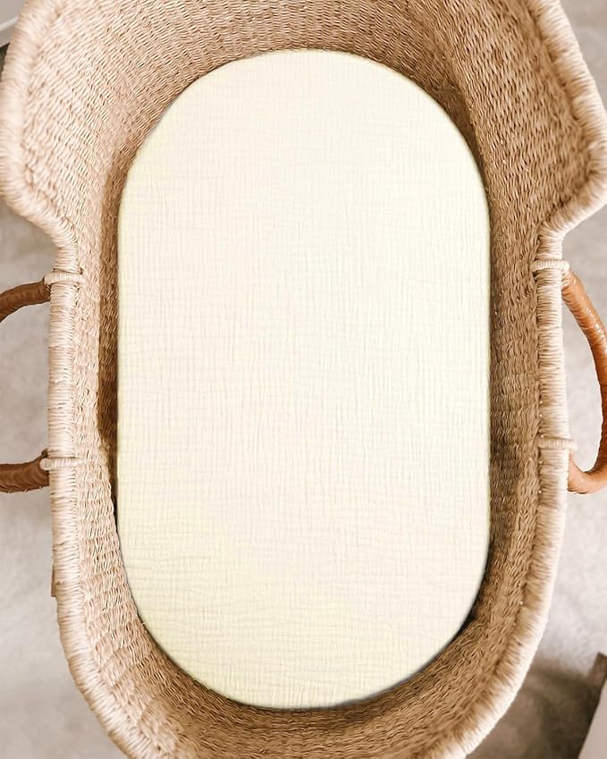 Bassinet Sheet for Baby Boy and Girl, Fitted Sheets for Rectangle, Oval, Hourglass Bassinet Mattress, Muslin Moses Basket Sheets with Neutral Style (Cream)