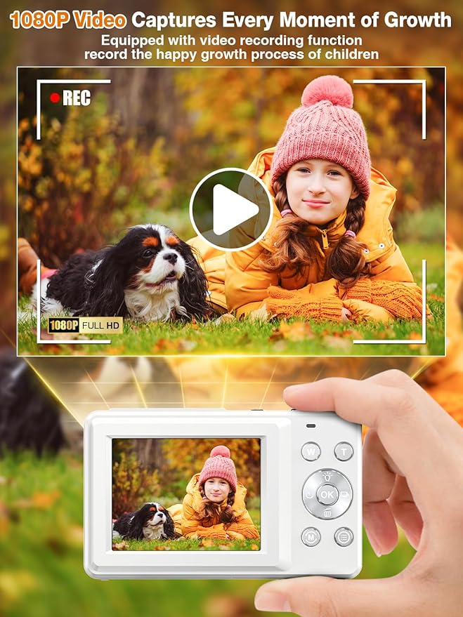 Digital Camera,FHD 1080P Kids Camera 44MP Point and Shoot Digital Cameras with 32GB Card,16X Zoom,Anti-Shake,Date Stamp,Compact Small Cameras Photography for Kids Student Teen Girl Boy(White)
