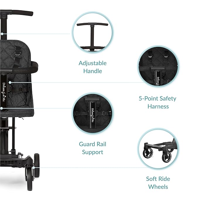 Dream On Me Lightweight and Compact Coast Rider Stroller with One Hand Easy Fold, Adjustable Handles and Soft Ride Wheels, Black