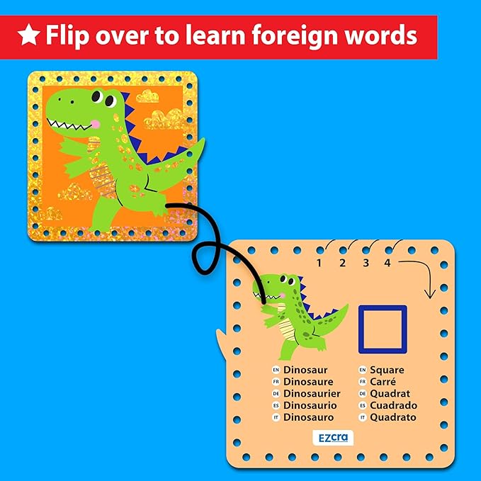 EZCRA Premium Foil Edge Lacing Cards for Kids Ages 3-6 | 10 Double-Sided Animal and Space Sewing Cards with Multilingual Learning | Durable Cardboard Fine Motor Skills Activity Kit