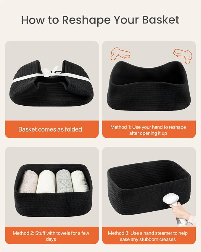 KALLAX Small Woven Basket, 13.5 x 9.5 x 5 Inches, Storage Basket for Organizing, Cute Small Rope Shelf Closet Cube Storage Bins Baskets for Shelves, Dog Toy Gift Baskets Empty, 3 Packs, Black