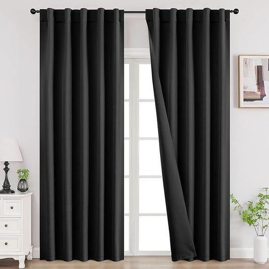 Joydeco 90 Inch Blackout Curtains for Bedroom,Thermal Insulated Black Out Curtains 2 Panels Set, Room Darkening Drapes for Living Room Window Rod Pocket Back Tab (W37 x L90 Inch, Black)