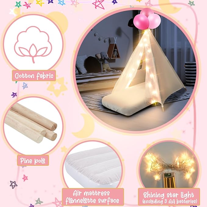 6 Pack Sleepovers Teepee Tent for Kids Bulk with Mattress Sheet Light,Natural Cotton Washable Indoor Play Tent for Birthday Slumber Party Girls Boys Pajama Movie Night Supplies(White)
