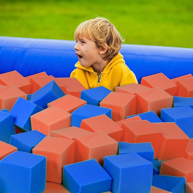 Foam Pit Cubes, 24 PCS 5 Inches Gymnastics Foam Blocks Trampoline Blocks, Multi-Sport Protective Padding for Freerunning, Trampoline, Parkour, Skate Parks & BMX - Dark Blue & Orange