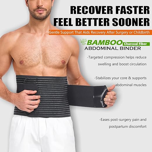 Abdominal Binder for Men and Women – Post Surgery & Postpartum Recovery Hernia Support Belt Waist Trainer for Men Adjustable Compression Wrap (Black,M)