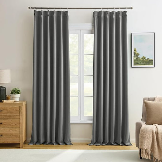 KEQIAOSUOCAI 100 Inch Pinch Pleat Curtains & Drapes 2 Panels Set, Privacy Darkening Sound Dampening Window Treatment for Bedroom Vertical Draft Blackout Blinds for Living Room 40 by 100 Grey