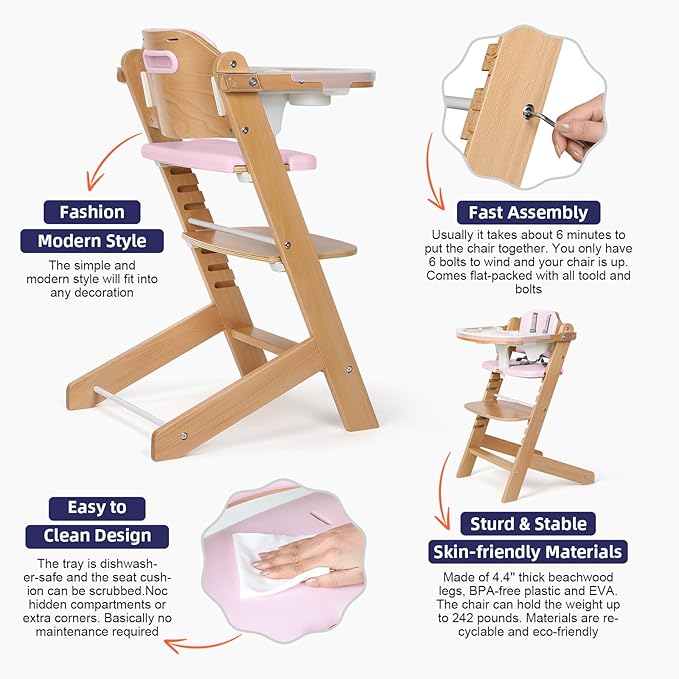 Cowiewie Natural Wooden High Chair for Babies & Toddlers 3-Tier Remove Adjustable Tray and Highchair with Cushions, Easy to Clean, Portable. (Pink)