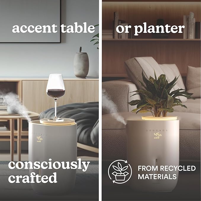 Homedics Natura Ultrasonic Warm & Cool Mist Humidifier, 1.3-Gal for Large Rooms, 60-Hr Runtime, Plant Holder, Programmable Humidity, Auto Shutoff, Nightlight Small Plant Compatible(Plant Not Included)