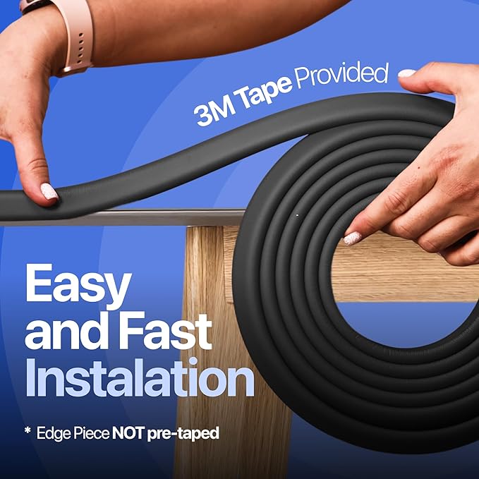 Baby Proof Corners & 15ft Edges with Furniture Corner & Edge Safety Bumpers, Impact-Absorbent Bumper & 4 Foam Corner Protectors, Cushy, Thick, Odorless Table Edge Protectors for Baby, Child | Black