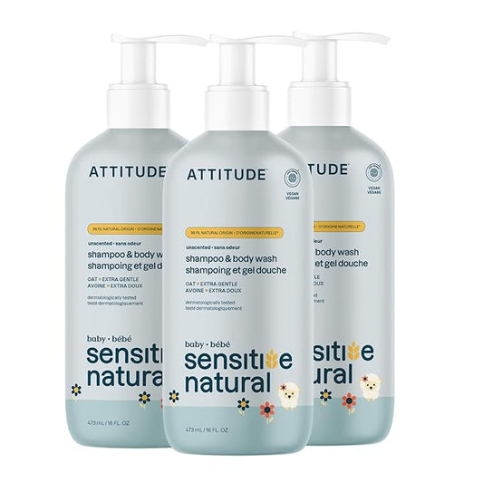 ATTITUDE 2-in-1 Shampoo and Body Wash for Baby, EWG Verified, Plant- and Mineral-Based Ingredients, Vegan Products for Sensitive Skin, Unscented, 16 Fl Oz (Pack of 3)