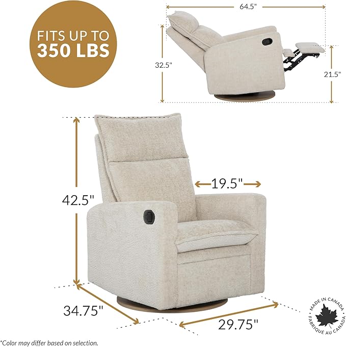 Arya Modern Nursery Glider Recliner Chair – Cozy Nursing Chair with 360° Swivel for New Parents, Gentle Motion, Compact Design, High Back & Low Armrests, Canadian Made (Vanilla/Beyond Sheep Fabric)