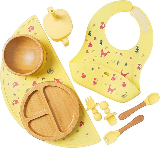 Bamboo Baby Feeding Set for Infants & Toddlers - Baby Essentials, Non-Toxic, Sustainable, Bamboo Suction Plate & Bowl, Bib, Sippy Cup w/Lid & Straw, Daily Use, Travel, Baby Shower Gifts (Yellow)