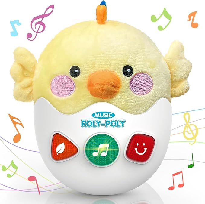 Baby Toys 0-6-12 Months, Chick Musical Plush Cute Stuffed Animal Infant Tummy Toys with Light & Sounds, Roly-Poly Sensory Toy Birthday Easter Egg Gift for Newborn Boys & Girls