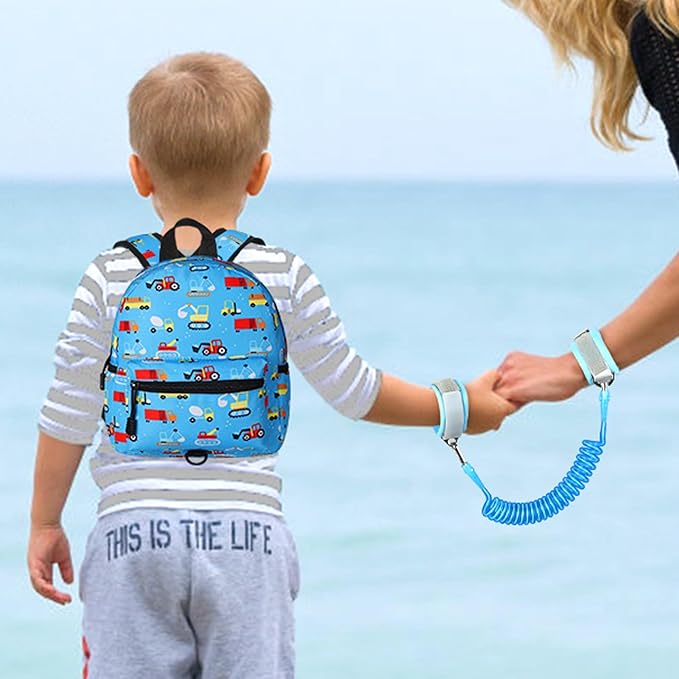Accmor Toddler Backpack with Leash, Baby Backpacks with Anti Lost Wrist Link, Cute Mini Kids Backpack Leash Walking Harness for Travel, Small Excavator Backpack Tether for Boys Girls 1-3 (Light Blue)