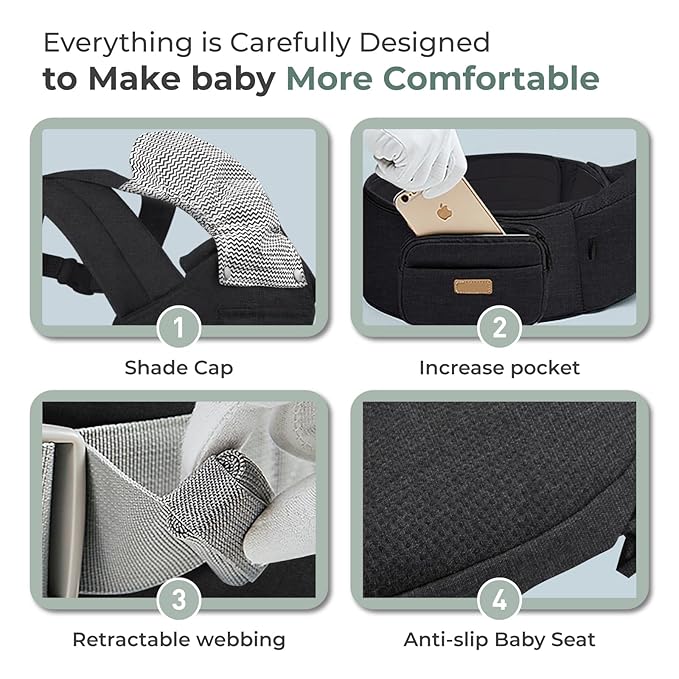 FRUITEAM 6-in-1 Baby Carrier with Hip Seat for Breastfeeding, All Seasons, All Position Adjustable Baby Chest Carrier with Lumbar Support, Adapt to Newborn, Infant & Toddler (Cool Black)