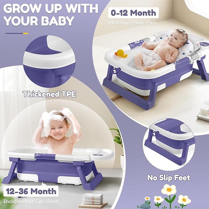 Collapsible Baby Bathtub,Baby Bath Tub with Thermometer & Soft Cushion,Baby Bathtub for Newborn to Toddler 0-36 Months,Portable Travel Baby Tub with No-Slip Feet,Baby Shower Gifts,Lavender