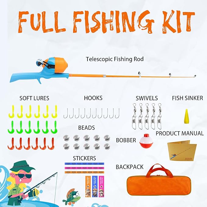 Kids Fishing Pole, Telescopic Fishing Rod, Toddler Collapsible Fishing Rod and Reel Combo with Tackle Box, Fishing Line, Bobber, and Soft Lures for Boy, Girl, Youth, Beginner, Over 4 Years Old