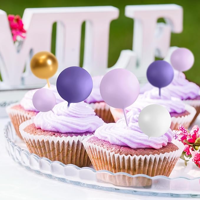 75 Pieces Cake Balls Topper Decorations Foam Cupcake Topper Mini Balloon Balls Cake Picks for Deco Birthday Party Wedding（Purple, Light Purple,Gold, White）