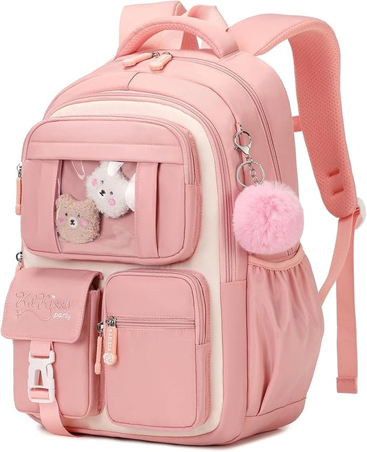 Kids Backpack for Girls School Bags for Middle School Students Book Bag for Elementary Primary Kawaii Ita Backpack, Pink and Beige