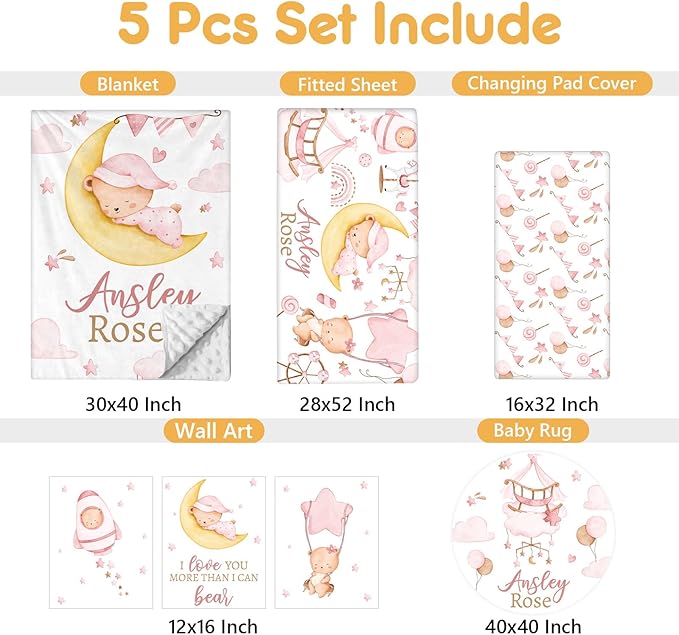 Custom Crib Bedding Set, 5 Pcs Customized Baby Crib Set with Name, Soft Double Layer Nursery Baby Bedding Set for Girls Boys, Personalized for Infants Toddlers, Pink Moon Bear