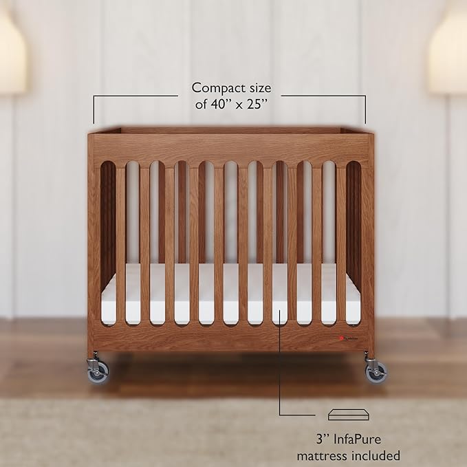 Foundations Boutique Folding Mini Baby Crib - Compact, Portable, Wooden Hotel Crib, Foldable Compact Cribs for Baby & Toddlers - Includes 3" Foam Mattress - Cherry