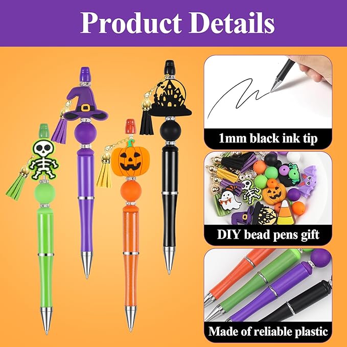 CZWZ Halloween Beadable Pens, Plastic Beadable Pens with 8 Pcs Multicolor Silicone Beads, Halloween Pumpkin Bat Skull Ghost Witch Hat Pens for Halloween Gifts Office Supplies