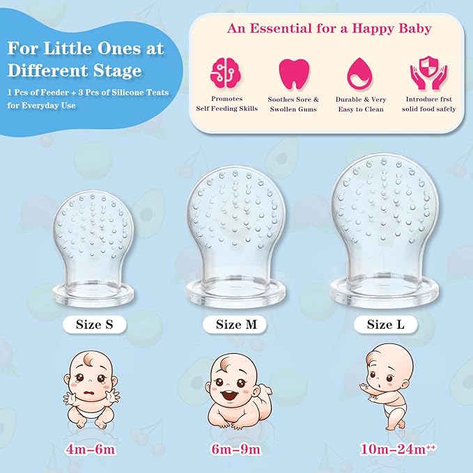 Baby Fruit Feeder, Frozen Teething Toys for Babies, Teether Pacifier with 3 Extra Teats, Eating Essentials, BPA Free Baby Feeding Supplies (Copper)