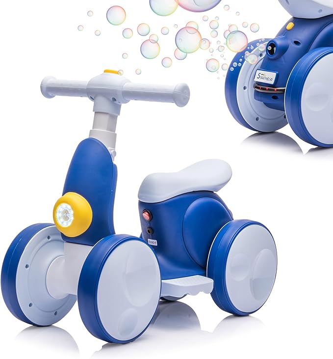 6V Electric Baby Balance Bike with Bubble Machine,4 in 1 Toddler Balance Bike w/Remote Control for 1 Year Old Boys Girls Kids Bubble Bike Ride on Toys w/Powered Motor,Music,LED Lights (Blue)