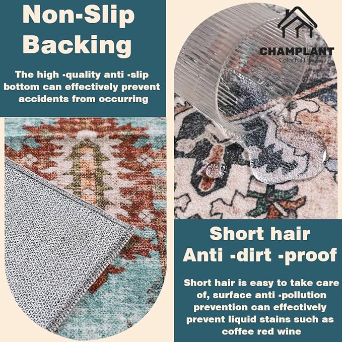 Area Rug 8'x10' Washable Vintage Traditional Mat Distressed Indoor Foldable Thin Retro Accent Floral Print Non Slip Carpet for Living Room Dining Room Office Large Carpet