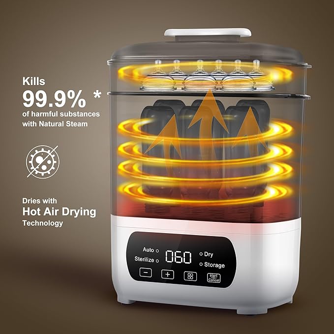 Baby Bottle Steamer and Dryer, Electric Steamer and Dryer for Baby Bottles, 4-in-1 Bottle Steamer and Dryer, Universal Fit for All Bottles, LED Touch Screen, Auto Shut-Off