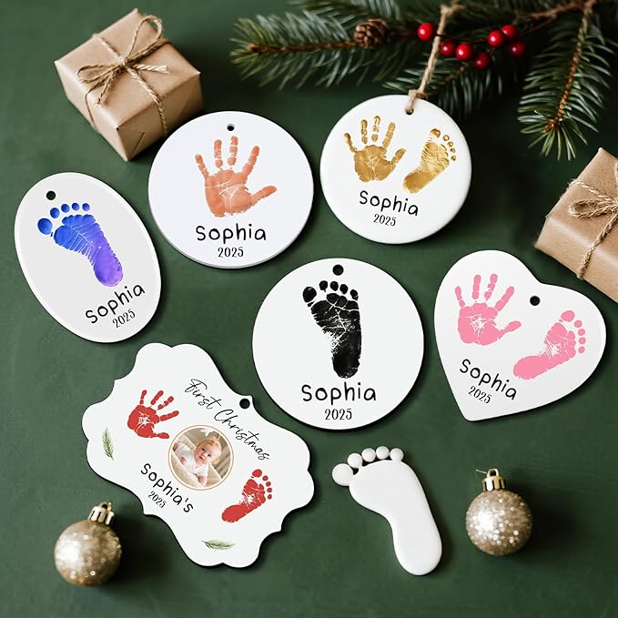 Baby Hand and Footprint Ornament - Baby's Frist Christmas Ornament with Photo, Name, Date - Personalized Baby Gifts, Newborn Keepsake, New Mom Gifts