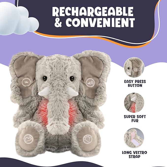 Gemma Joy Bedtime Baby Soothers for Sleep, Cry Activated Heartbeat Stuffed Animal for Baby, Newborn, Calming Light, Lullaby Music, White Noise, Shush and Mother’s Heartbeat - (Elephant, Rechargeable)