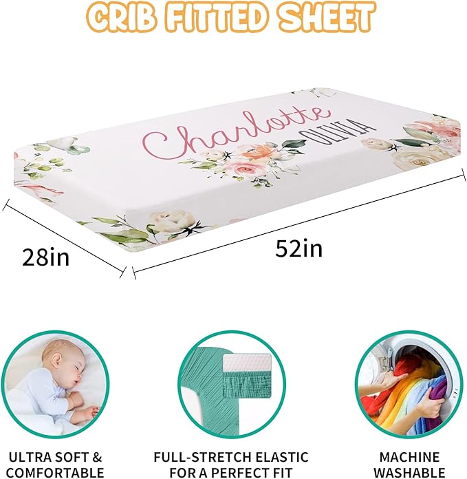 Custom Crib Bedding Set - Highland Cow Design Personalized Name Baby Nursery Bed 3 Pcs Set - Chic Soft Blanket with Dotted Backing, Sheet, Pillowcase for Newborn Girls Boys Gifts Color02