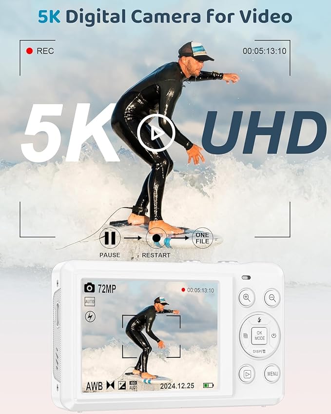 5K Digital Camera - 72MP UHD Digital Cameras for Photography - Autofocus Point and Shoot Small Camera with Flash for Kids - 2.8 Inch Screen Compact Portable Vlogging Camara with 16X Zoom, 32GB SD Card