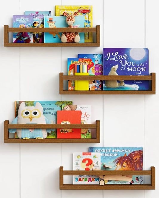 Forbena Walnut Brown Nursery Bookshelf Wall Mounted, Wooden Floating Book Shelves for Wall, Nursery Hanging Bookshelves for Baby Toddlers Kids Room Bedroom (Pine Wood, Walnut Color, 4-Pack)