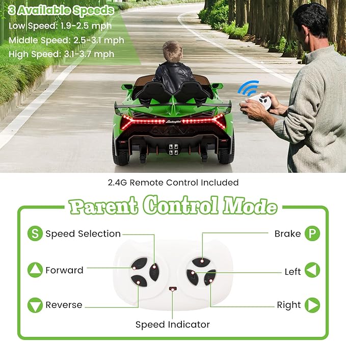 Costzon Ride on Car, Lamborghini Licensed 12V Battery Powered 4WD Sports Car with Remote Control, 3 Speeds, Hydraulic Doors, LED Lights, Towing Wheel, Horn, Music, Electric Vehicle for Kids Aged 3-8