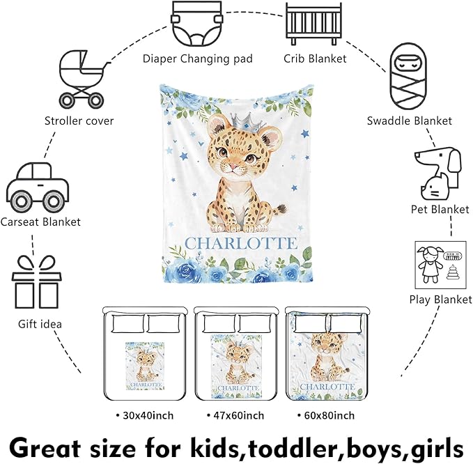 Custom Nursery Crib Bedding Set: Personalized Name 4 Piece Blue Floral Leopard Design Baby Crib Sets for Baby Girls - Toddler Double Layer Blanket Set, Comfortable Crib Bed Sheets for Baby Toddlers